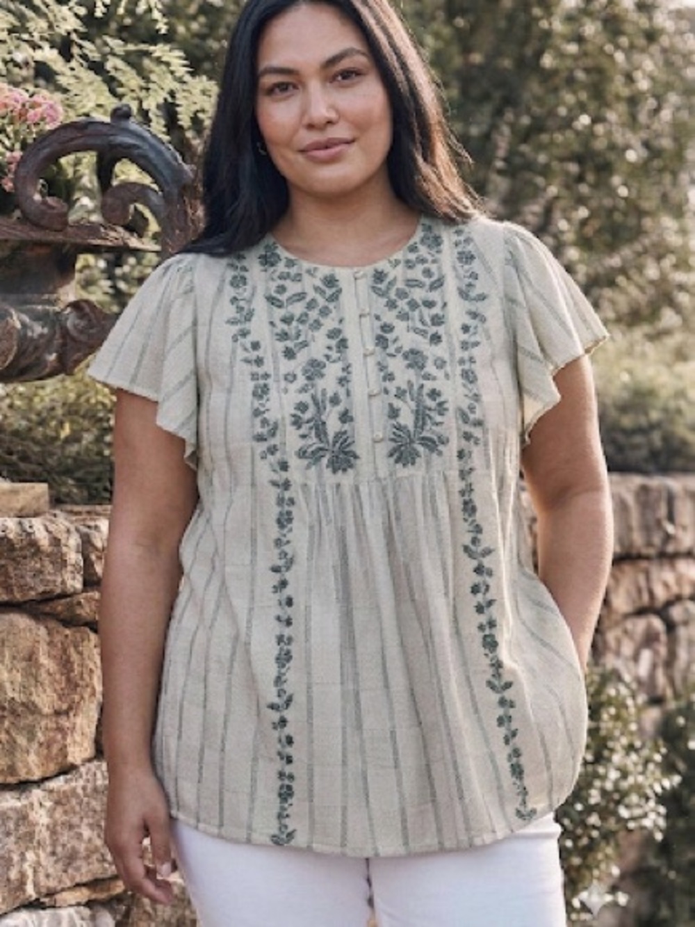 J. Jill Embroidered Floral Flutter Sleeve Peasant Top Cotton Blend Beige Blue 3X